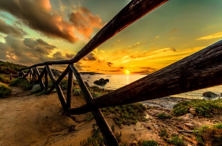 Sea sunset - coast, beach, beautiful, sea, fence, glow, shore, sunset, fiery, lake, sands, sky