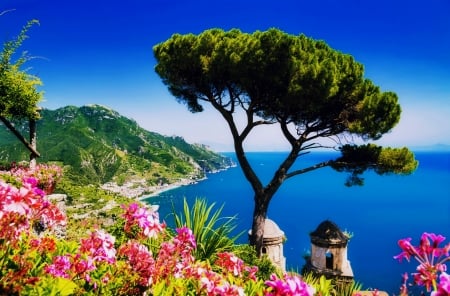 Amalfi coast - horizons, summer, coast, blue, vacation, beautiful, sea, rest, Amalfi, village, flowers, Italy, sky