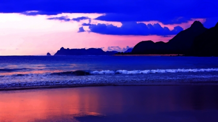 Beach at Night - sky, beach, mountain, wave