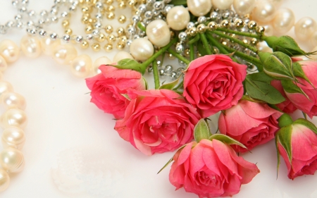 Roses - pearls, pink, green, valentine, rose, beads, flower