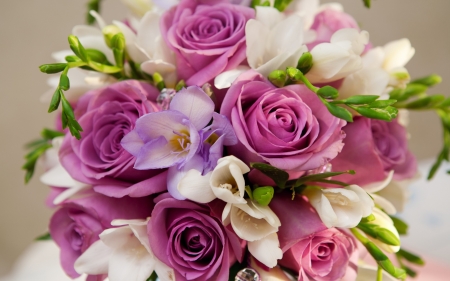 Bouquet - white, purple, freesia, pink, bouquet, rose, flower