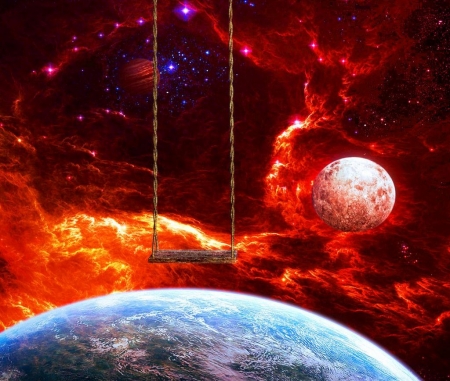 Universal Swing - planets, fire, artwork, clouds