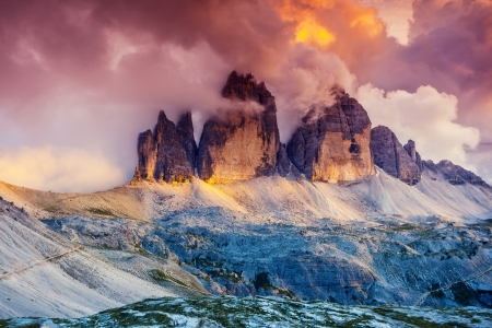 Majestic Foggy - nature, glow, three peaks, fog, mountains, austria