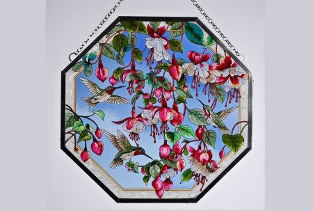 Honeyeaters - abstract, staned glass, flowers, cg, 3d, sun catchers, fuchsia, art, glass