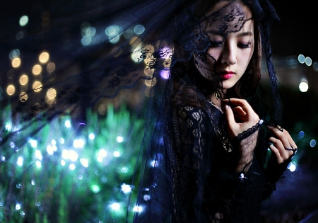 Beauty - woman, bokeh, beauty, girl, night, asian, black, model, blue, green, oriental