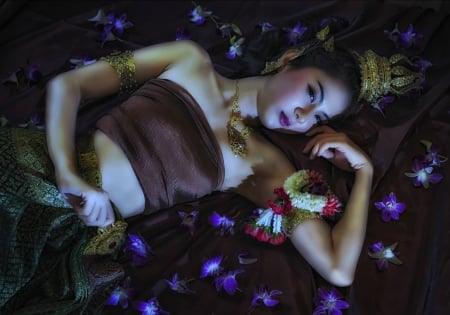 Beautiful Thai - woman, beauty, girl, orchid, thai, model, purple, blue, oriental, flower