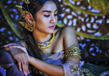 Sad Thai - blue, tear, girl, flower, thai, sat, oriental, green, woman, model