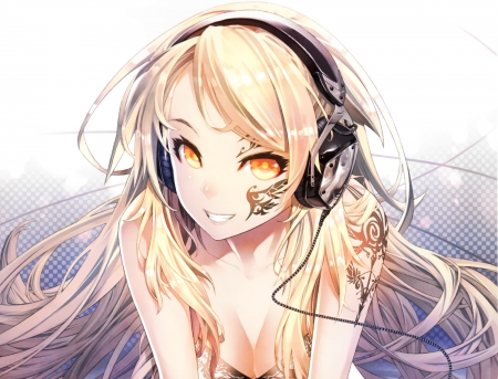 The beat in her blood - pretty, headphone, anime, female, orange eyes, blond hair, long hair, music, nice, tattoo, anime girl, beautiful, blonde hair, beauty, cool, sweet, pink lips, colorful, smile, lips, awesome, cute, sexy