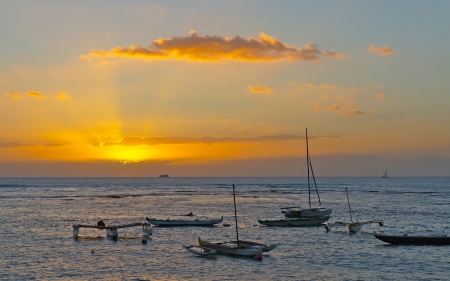 Boats at an amazing sunset - nature, sky, cloud, sunset, sea, boat