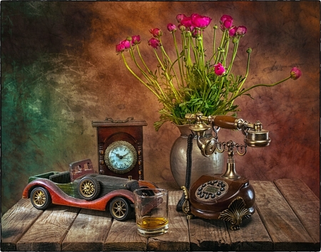 Every things beautiful - car, beautiful, telphone, flowers, still life