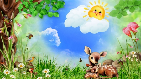 Fawntastic - summer, flowers, spring, doe, deer, fawn, butterflies, field, trees, sunshine