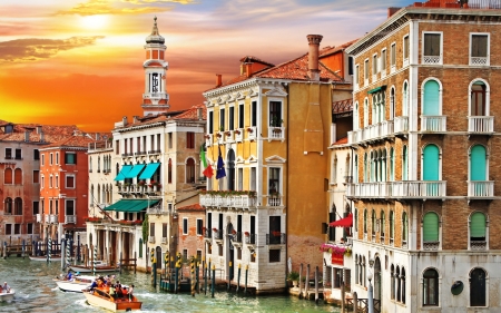 Venice, Italy - sunset, boat, canal, city, buildings, sky