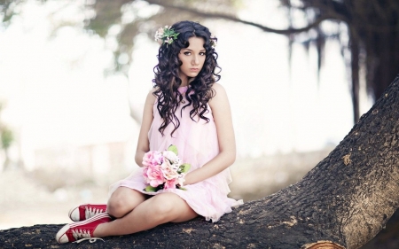 Brunette with flowers - woman, girl, floral, brunette, flowers