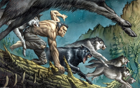 Logan And Wolf pack - marvel, wolverine, forest, wolves