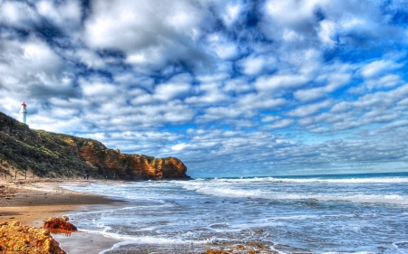 Lighthouse on the Beach - beach, lighthouse, clouds, waves