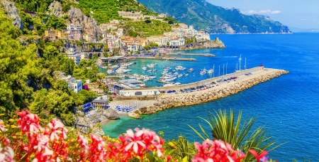 Amalfi coast - water, summer, coast, vacation, beautiful, sea, travel, sailboats, rest, pier, Amalfi, flowers, view, paradise