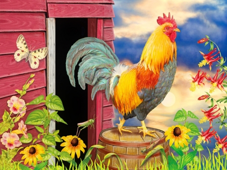 Barnyard morning - house, barnyard, cock, morning, rustic, flowers, butterfly, cute, rural