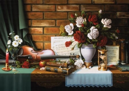 The Last Composition - flowers, vase, violin, candle, hourglass, books, petals