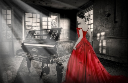 The old room - room, dress, piano, red