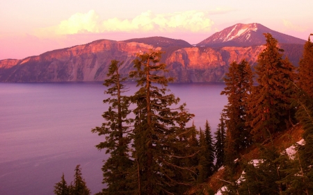 Sunset at Crater Lake, Oregon - firs, national park, sun, mountains, usa