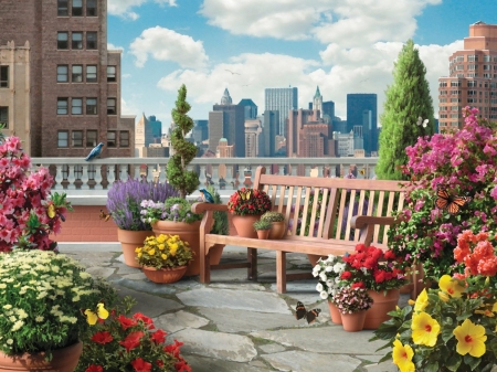 At the Veranda - flowers, artwork, skyscrapers, bench, city, houses