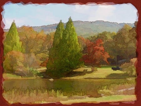 Farm Landscape - lake, trees, farmland, ute, mountains, frame