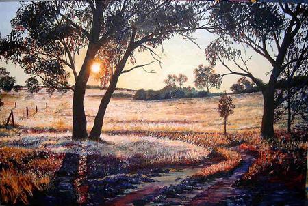 The sun is setting - trees, sunset, field, dry grass, art