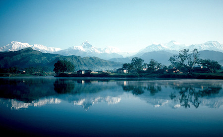 Phewa Lake - phewa lake, houses, trees, reflection, snow, mountains