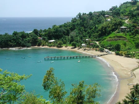 Island in the sun - pier, beach, trees, mountain, island, tropical