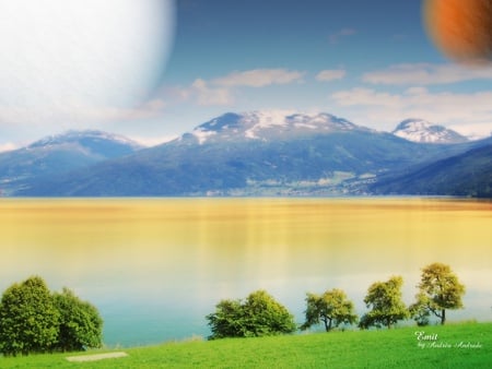 Mountain View - trees, snowy peaks, lake, grass, mountains