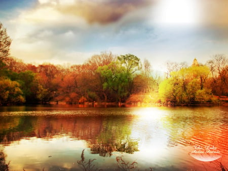 Autumn's Lake - sunshine, lake, forest, reflection, autumn colours