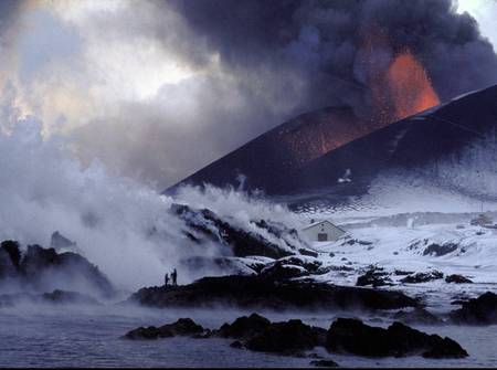 Eruption in winter - volcano, ocean, eruption, snow, winter, mountains, waves