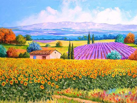 Colourful Landscape - house, sunflowers, pine trees, fields, painting, mountains, art