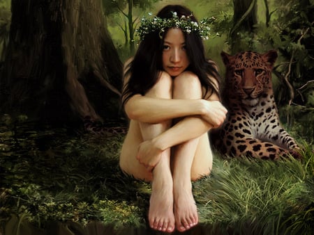 Painted Girl with Leopard - forest, leopard, painted, abstract, girl, art, friends, 3d, painting