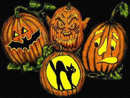 HALLOWEEN WALLPAPER - black, pumpkins, halloween, carved, cat, wallpaper