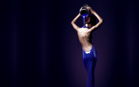 Deep Blue - pretty, back, skin, female, blue, dress, liquid, Entropy, pour, textures, unusual, stcky, paint can, royall, color, royal, abstract, paint, beautiful, hot, girl, wet, hair, body, tall, black, fantasy, woman, model, bright, sexy, wallpaper