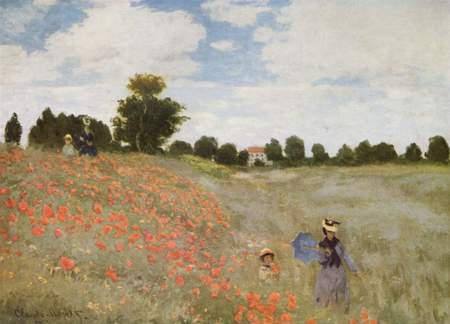 Poppies Blooming by Monet - impressionism, painter, pretty, female, flowers, poppie, cloudy, other, colors, flower, females, picture, poppies, museum, landscape, paris, red, colored, france, sky, painted, trees, beautiful, girl, cool, tree, colorful, painting, woman, impressionist, cloud, monet, dreamy