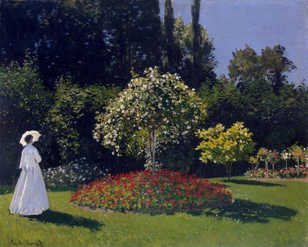 Woman in a Garden by Monet - impressionism, painter, female, museum, landscape, flowers, paris, umbrella, garden, colored, france, other, painted, trees, beautiful, girl, colors, cool, colorful, picture, green, woman, painting, impressionist, monet