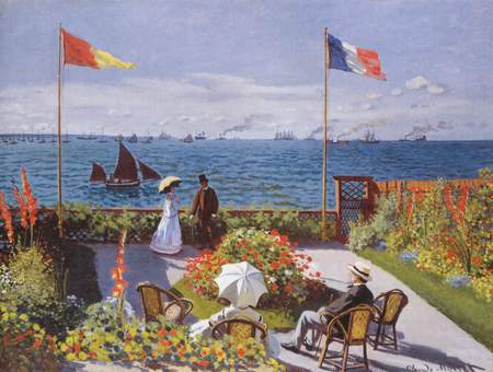 Jardin à Sainte-Adresse by Monet - impressionism, painter, museum, landscape, paris, umbrella, colored, france, flag, other, painted, beautiful, sea, colors, cool, colorful, picture, painting, flags, impressionist, ships, monet