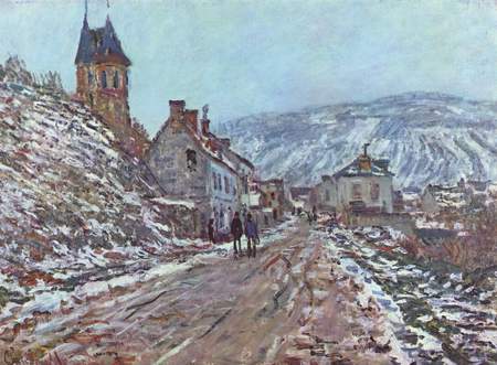 Street in Vétheuil in Winter by Monet - impressionism, painter, museum, landscape, snow, paris, colored, france, other, painted, winter, beautiful, colors, cool, tree, colorful, picture, painting, impressionist, monet