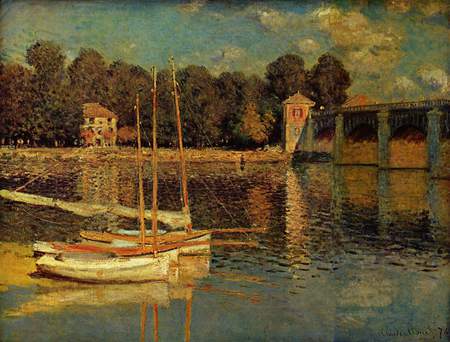 Le Pont d'Argenteuil by Monet - sky, trees, water, ships, colorful, sunset, other, museum, painting, cool, france, river, painter, painted, tree, boat, lake, landscape, paris, colored, picture, ship, beautiful, colors, impressionist, impressionism, monet