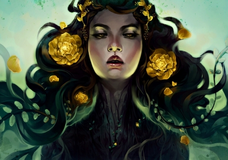 Mother Nature - woman, girl, fantasy, black, alicechan, face, art, yellow, luminos, mother nature, green, flower