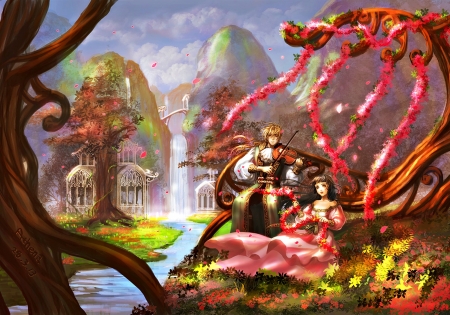 Love song - love, pixiv, couple, girl, music, song, waterfall, fantasy, art, boy, pink, river, anime, violin, tree, manga