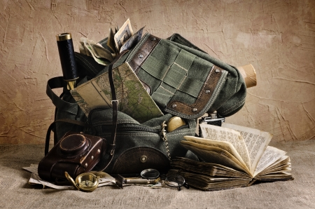 Traveler - map, book, photography, travel, compass, still life, bag, pocket watch, stuff, old, spyglass, artifacts