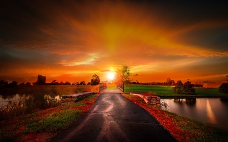 Path To Sunset - trees, beautiful, grass, path, colorful, river, sunset, sky, bridge