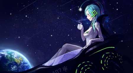 Watching the Universe - pretty, anime, female, blue, earth, stars, space, art, anime girl, beautiful, coffee, girl, beauty, lovely, white, lady, universe, woman, alien, cute, cup