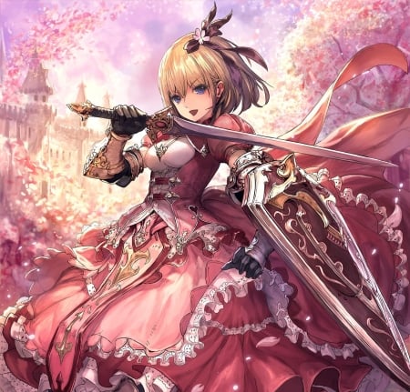 Pinky Warrior - anime, female, warrior, dress, pink, weapon, art, shield, sky, castle, anime girl, trees, beautiful, girl, sword, blonde hair, beauty, lovely, sweet, lady, woman, cute, gloves