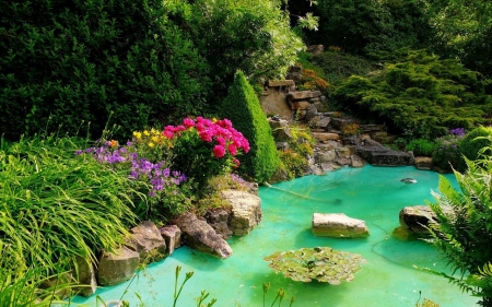 Blue pond - nature, floral, blue, rock, tree, pond