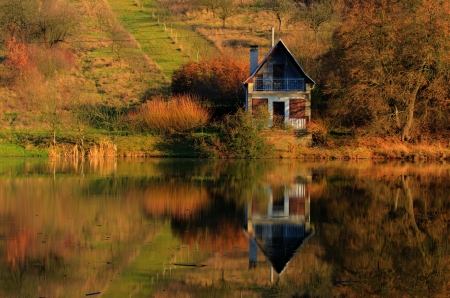 Lake Cottage - calm, nature, cottage, lake, trees, reflection, peaceful, mirror