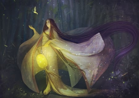 Moon Princess - bird, female, dress, light, princess, art, woods, moon, abstract, beautiful, fireflies, lovely, sweet, lantern, fantasy, white, lady, woman